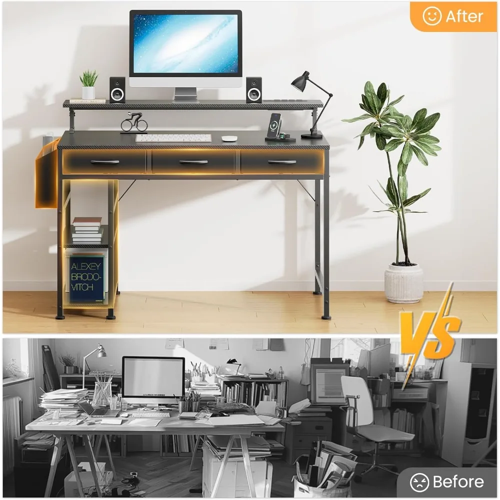LED-Illuminated Gaming Desk with Power Outlets, 47 Computer Desk featuring 3 Drawers and Adjustable Monitor Stand for Home Offic