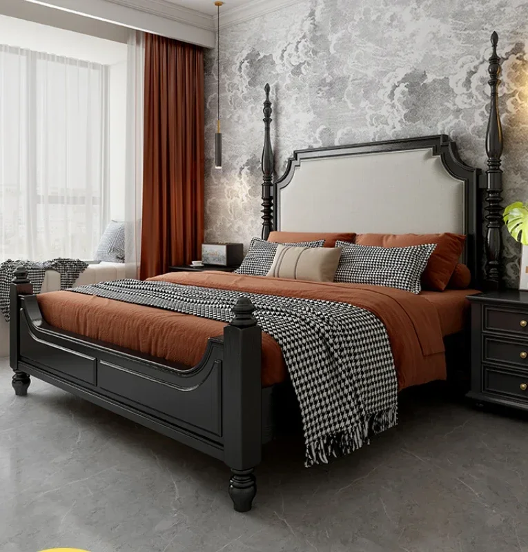 French retro bed Roman column 1.8m soft package ash wooden bed
