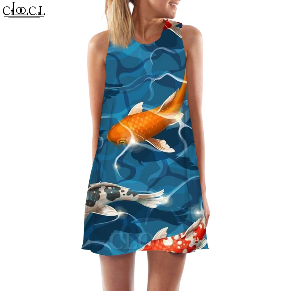 

CLOOCL Fashion Women Tank Tops Dress Short Dress Koi Carp Animal Graphics 3D Printed Loose Waist Sleeveless Sundress Vestidos