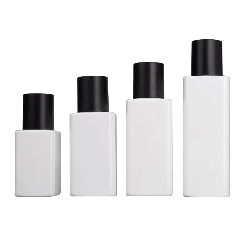 

15pcs Empty White Plastic Toner Bottle 60ml 100ml 120ml 150ml Black Lid With Plug Portable Square Refillable Shampoo Bottles