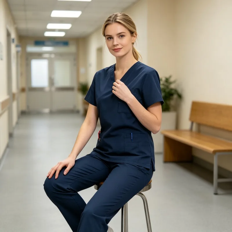 Elastic V-Neck Scrub Suit with Short Sleeve Top Drawstring Breathable Quick Dry Hospital Workwear for Clinic Beauty Salon Staff
