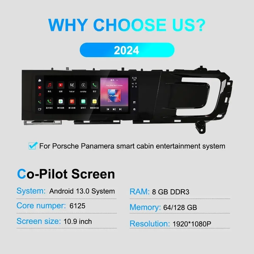 Android Car Radio for Porsche Panamera 2024-2025 Co-pilot Entertainment Screen Multimedia Player GPS Navigation Auto Carplay
