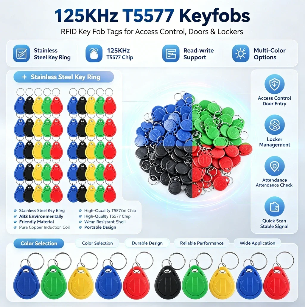 30PCS T5577 125KHz RFID Writable Key Tags Rewritable Copy ID Keyfobs Buckles for Garage Door Office Access Card Duplication