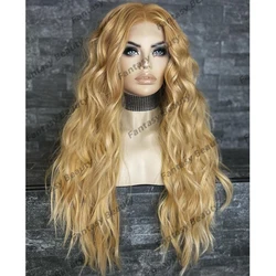 #27 Honey Blonde Long Wavy 13x4 Lace Front Synthetic Hair Women Wigs with Baby Hair Glueless Trnasparent Lace Wigs In Sale