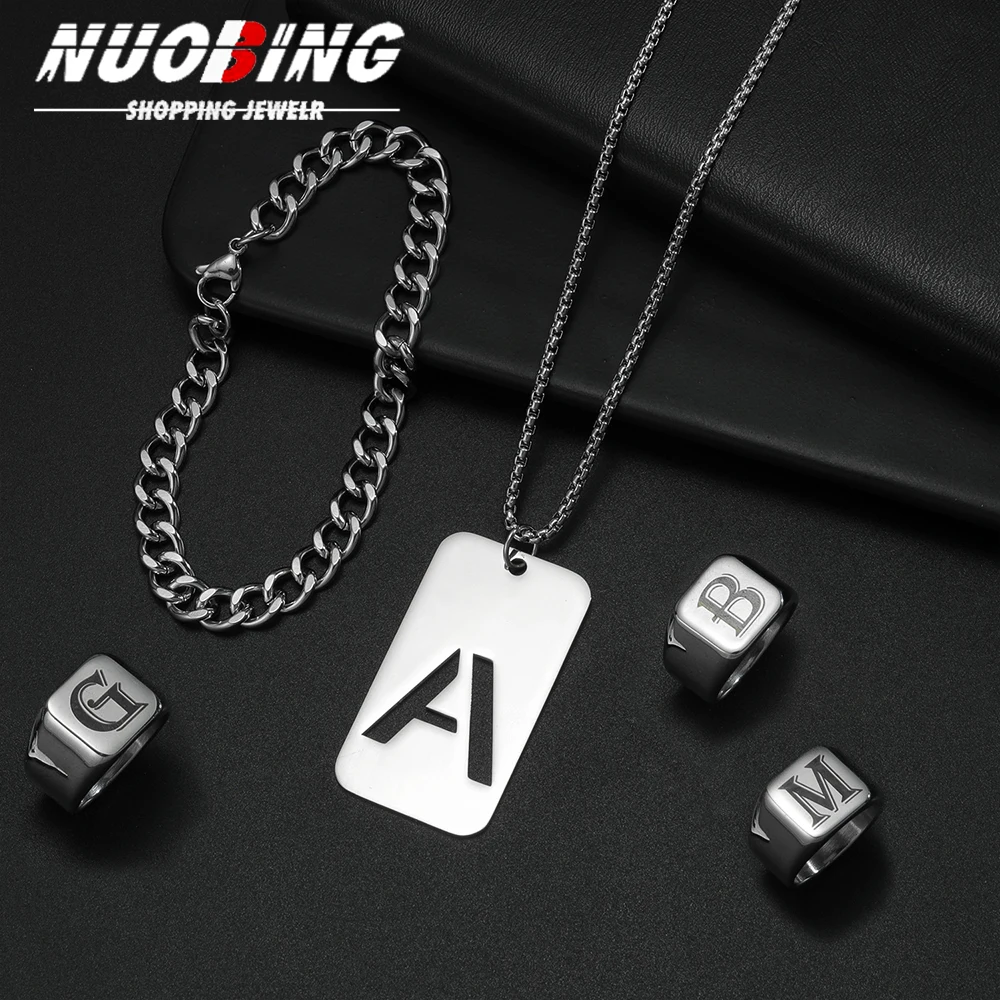 

3pcs Set Men's Stainless Steel Letter Pendant Chain Necklace Bracelet Ring Jewelry Set Male Hip Hop Daily Wear Accessories