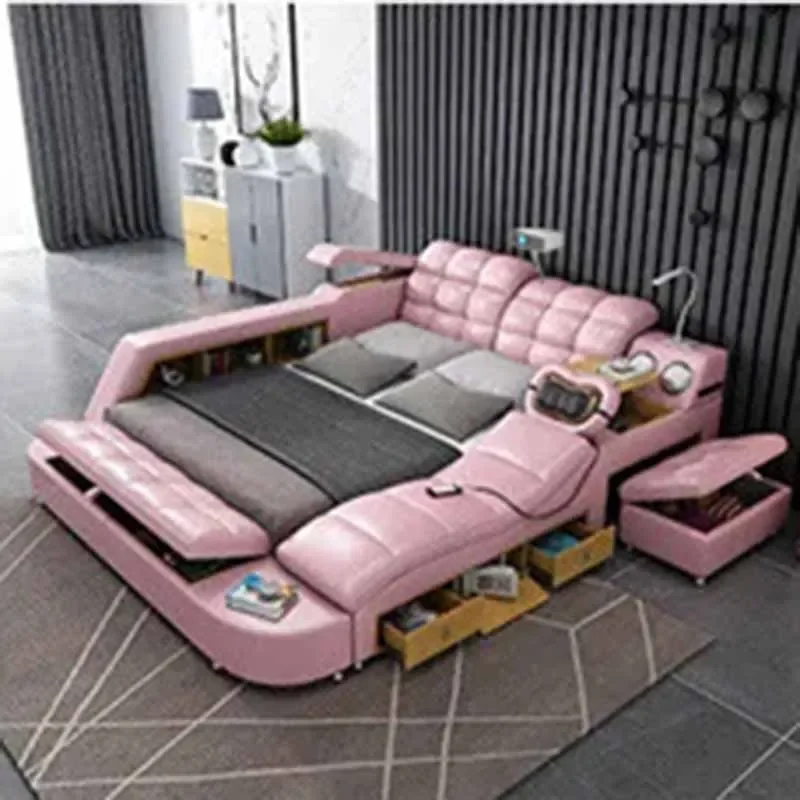 European King Double Bed Wood Queen Headrest Multifunctional Double Bed Twin Smart Luzko Wielofunkcyjne Furniture For Bedroom
