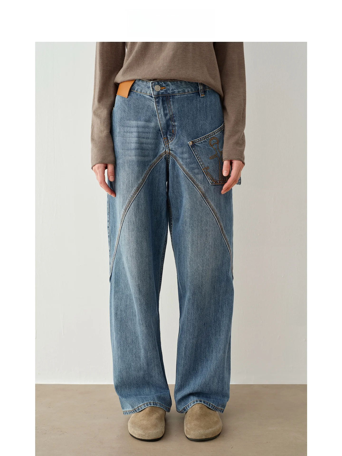 

EREMIN Deconstructed Asymmetrical Patchwork Slimming Denim Jeans Casual Straight Leg Cotton Zipper Fly Women's Jeans
