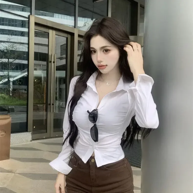 Women Blouse Hot Girl Pleated Waist Slimming Pure Desire 2025 Chic Design Slimming Slim Fit Long Sleeved Shirt Top