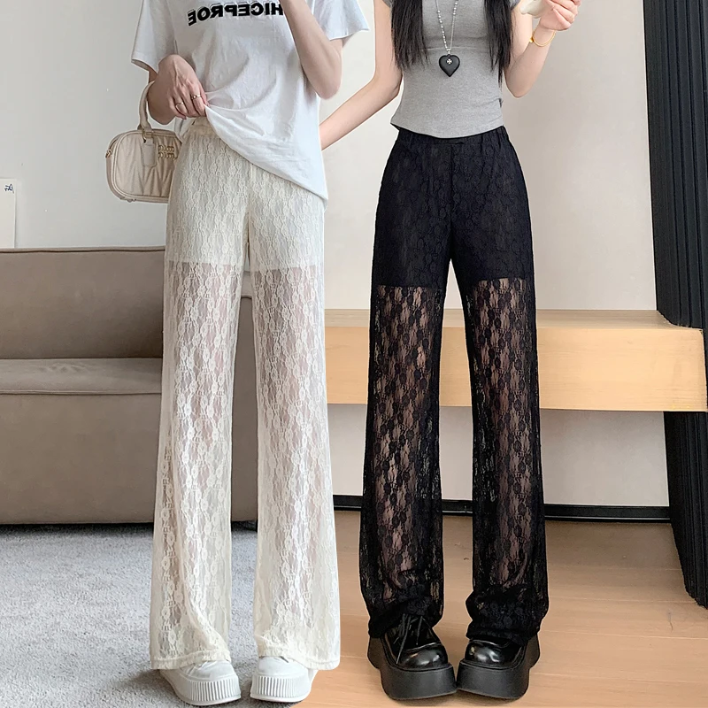 Romantic Vintage Lace Underwear High Waist Wide Leg Pants Anti Exposure Casual Straight Leg Trousers for Women