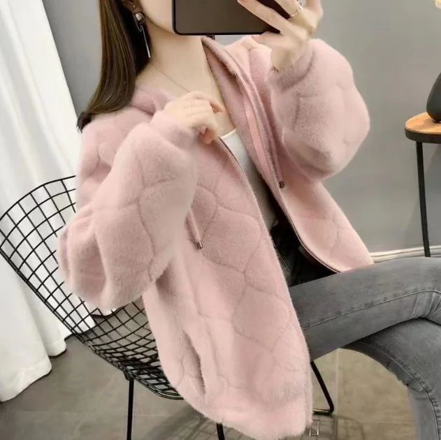 

Women's Temperament Coat 2024 Autumn Winter Latest Urban Minimalist Mink Fur Coat Open Front Round Neck Long Sleeve Cardigan Top