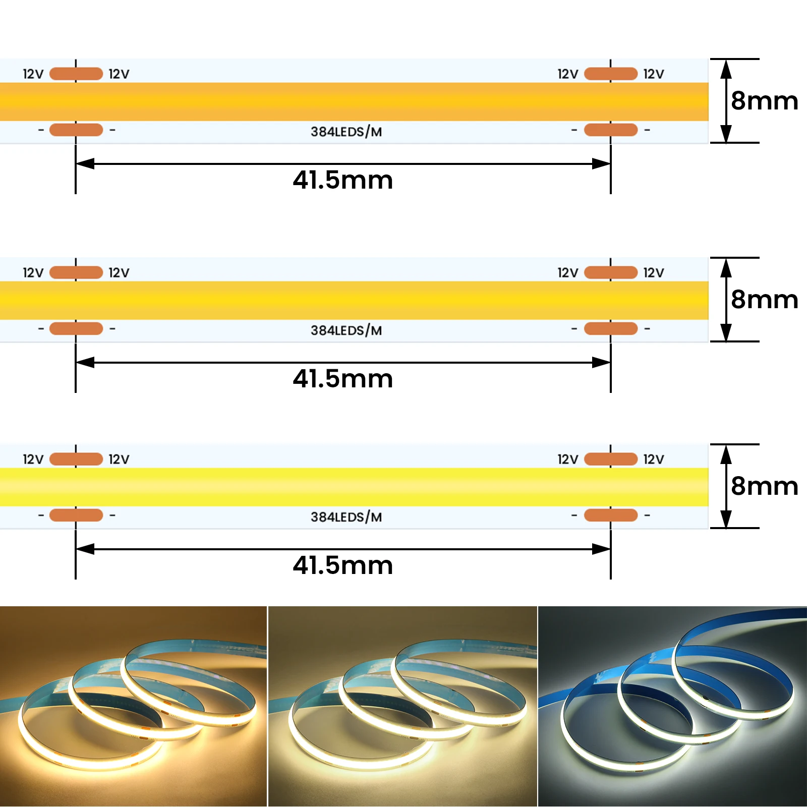 3MM 5MM 8MM PCB COB LED Strip Light 12V 24V 384Led/m Flexible Led Tape Soft Light Bar White 3000K 4000K 6000K for Decor Lighting