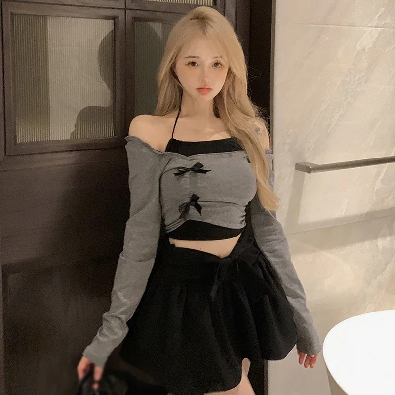 

Однотонный женский комплект из двух предметов Sweet на одно плечо, женский топ нестандартной формы с бантом