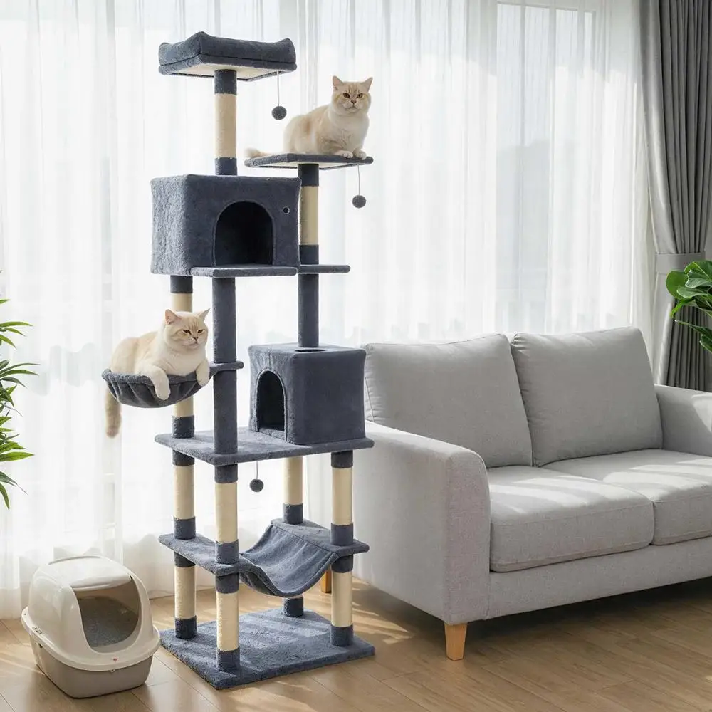 Inch Large Cat Tree Tower With Condos And Sisal Scratching Posts MultiLevel Platforms With Hanging Balls And Hammock Dark Gray Activity Center For Multiple Cats