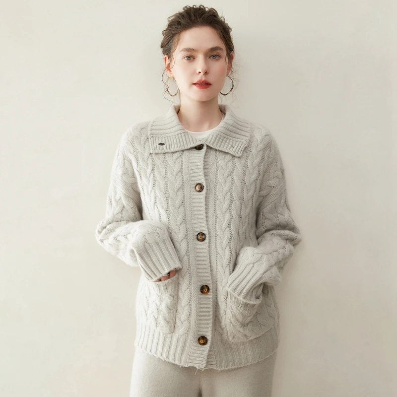 Women Cashmere Sweater Stand-up Collar Twist Flower Cardigan Autumn Winter Jacquard Thicken 100% Cashmere Knitwear Clothing