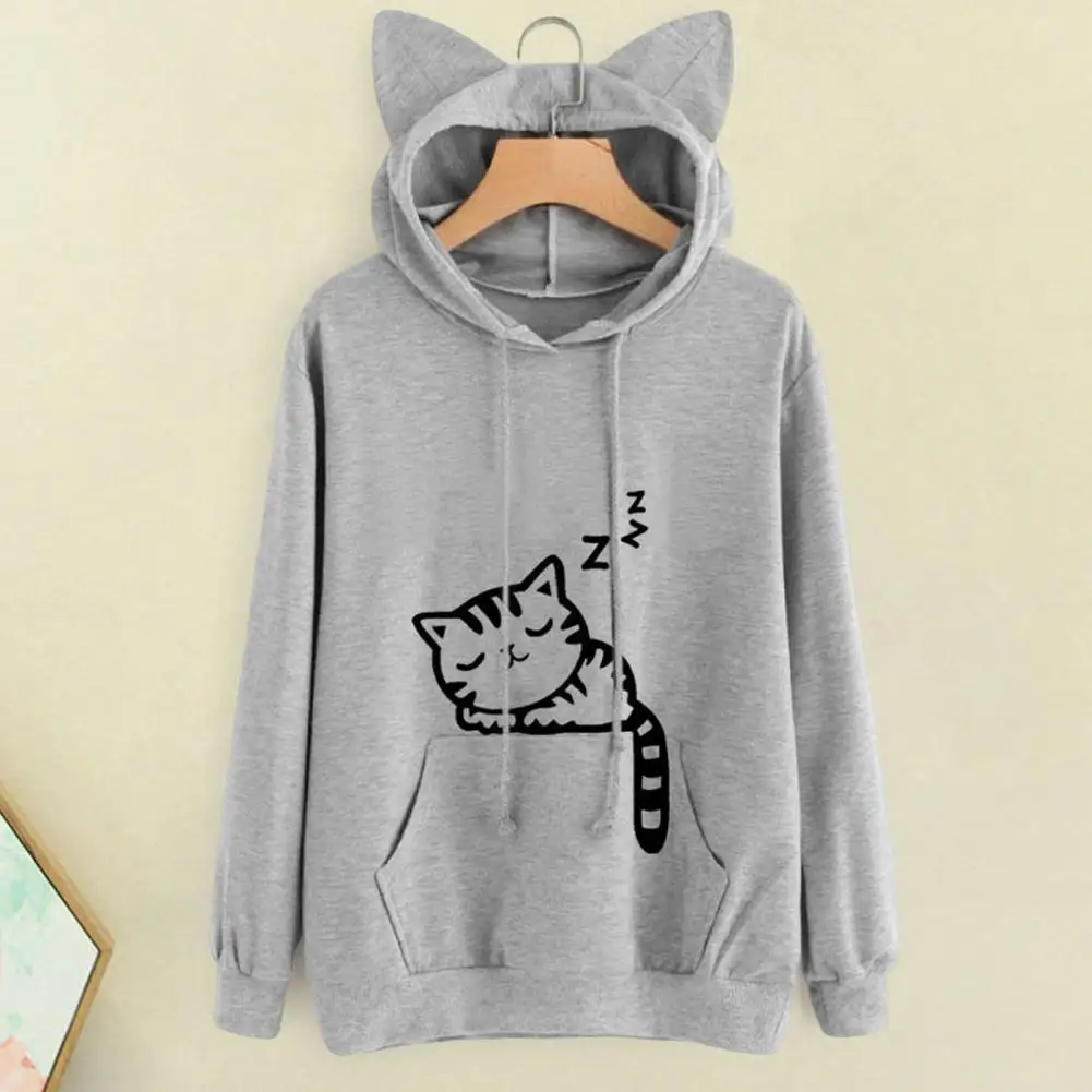 Cute Cat Print Hoodie Cute Cat Ear Hoodie with Big Pocket for Women Cozy Winter Pullover with Kitty Print Loose Fit for Home