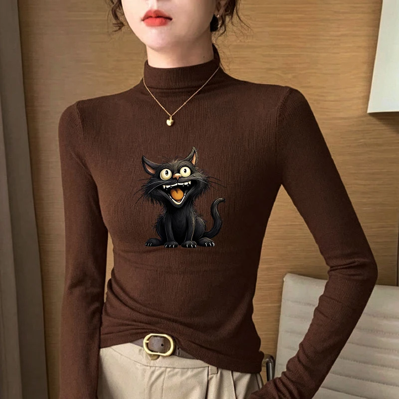 Winter Women's Thermal Brushed Fleece Half Mock Neck Long Sleeve T Shirt Funny Black Cat Laughing Graphic Warm Tee