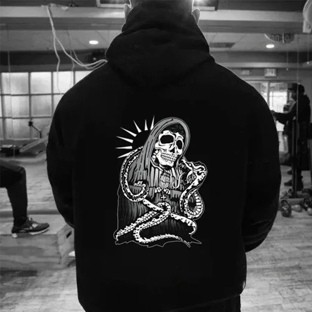

Santa Claus Death Black Hoodie, Skull and Wing Pattern Printed Hoodie, Casual Gothic-style Sweatshirt, Halloween Hip-hop Fashion
