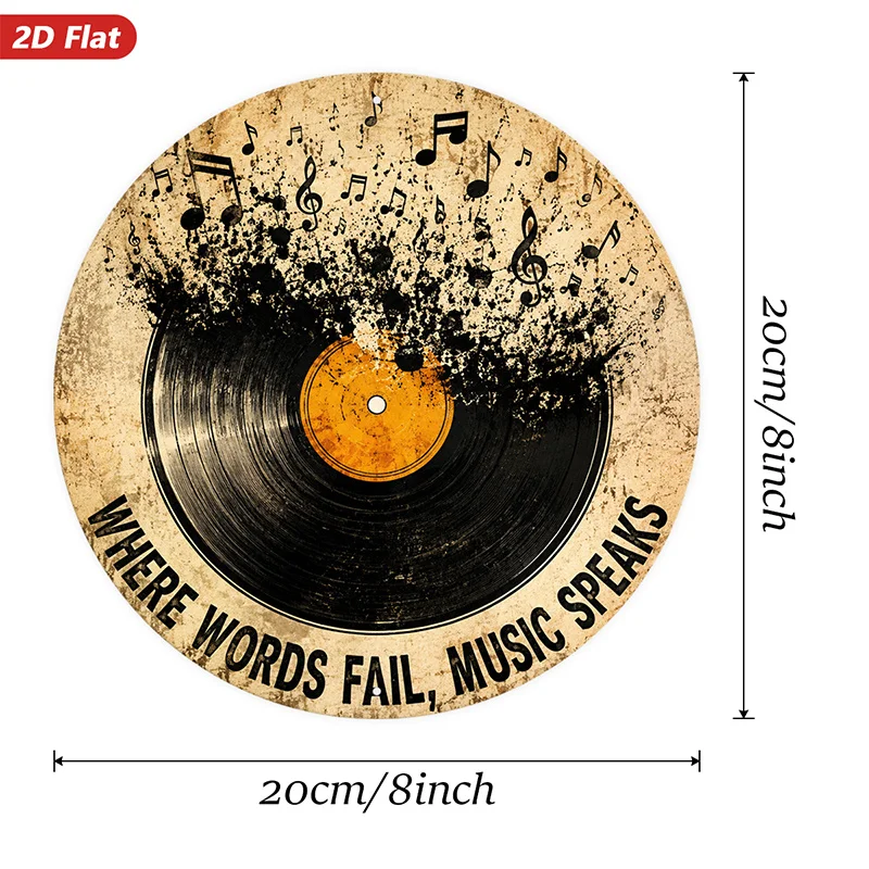 2D Flat, 1pc Music Quote Vinyl Round Metal Sign Wall Art, Vinyl Record Artwork, Home Decor, Where Words Fail Music Speaks Quote,