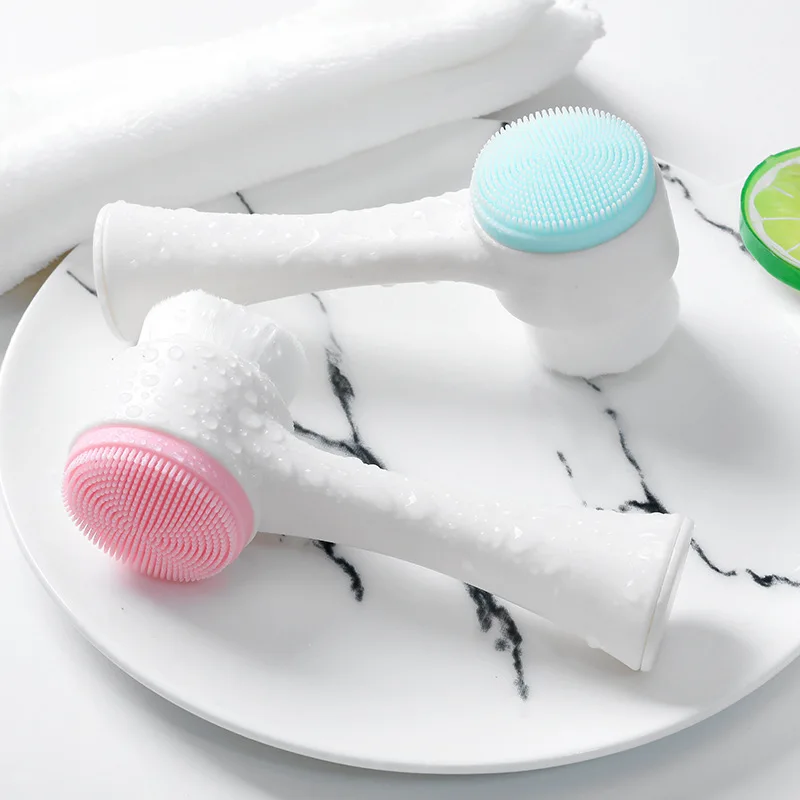 Escova facial dupla face com cerdas de silicone macias para limpeza profunda dos poros, ferramenta de limpeza facial para cuidados com a pele em casa.