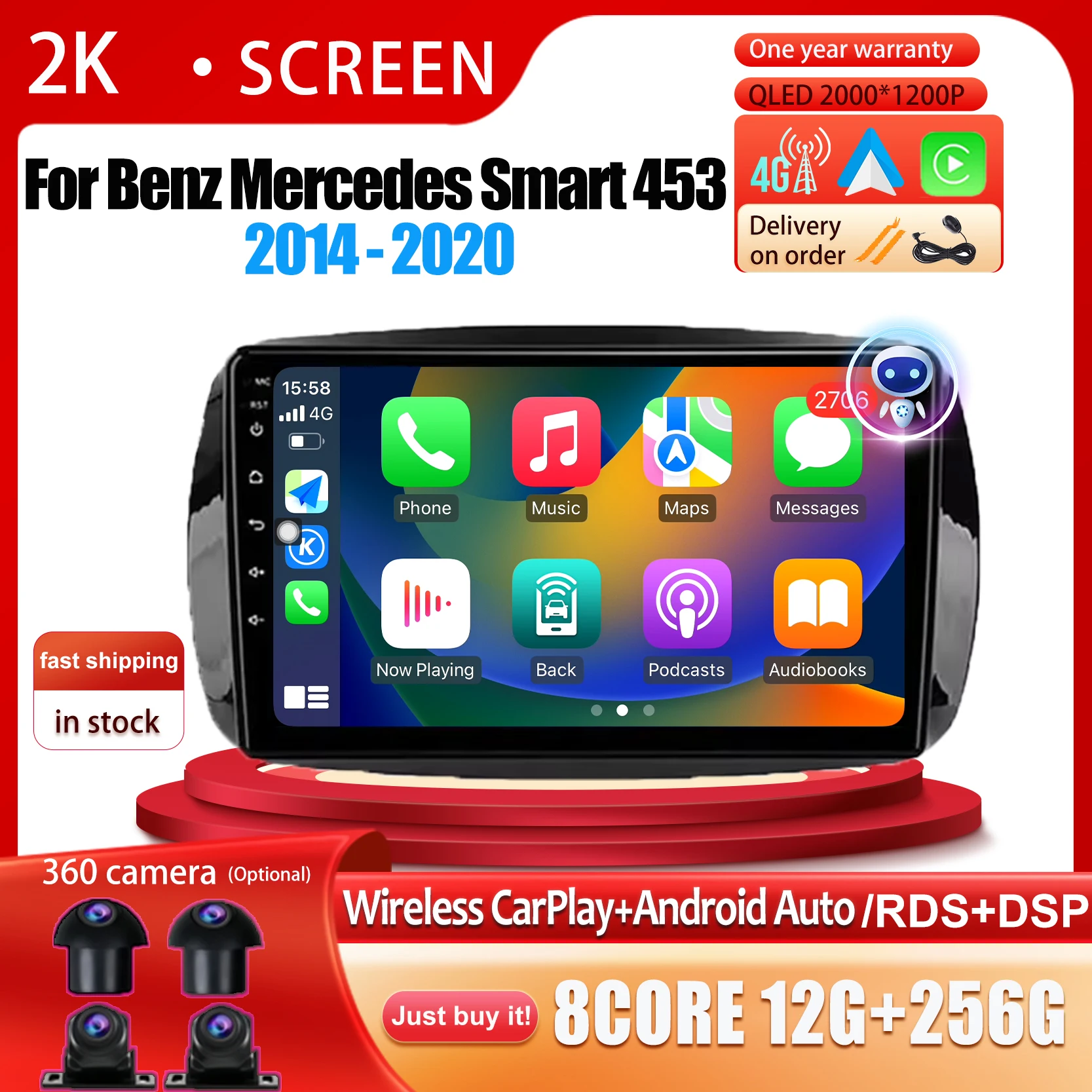 

Android 14 Car Radio Multimedia Player Carplay Auto GPS Navigation QLED IPS For Benz Mercedes Smart 453 2014 2015 2016 - 2020