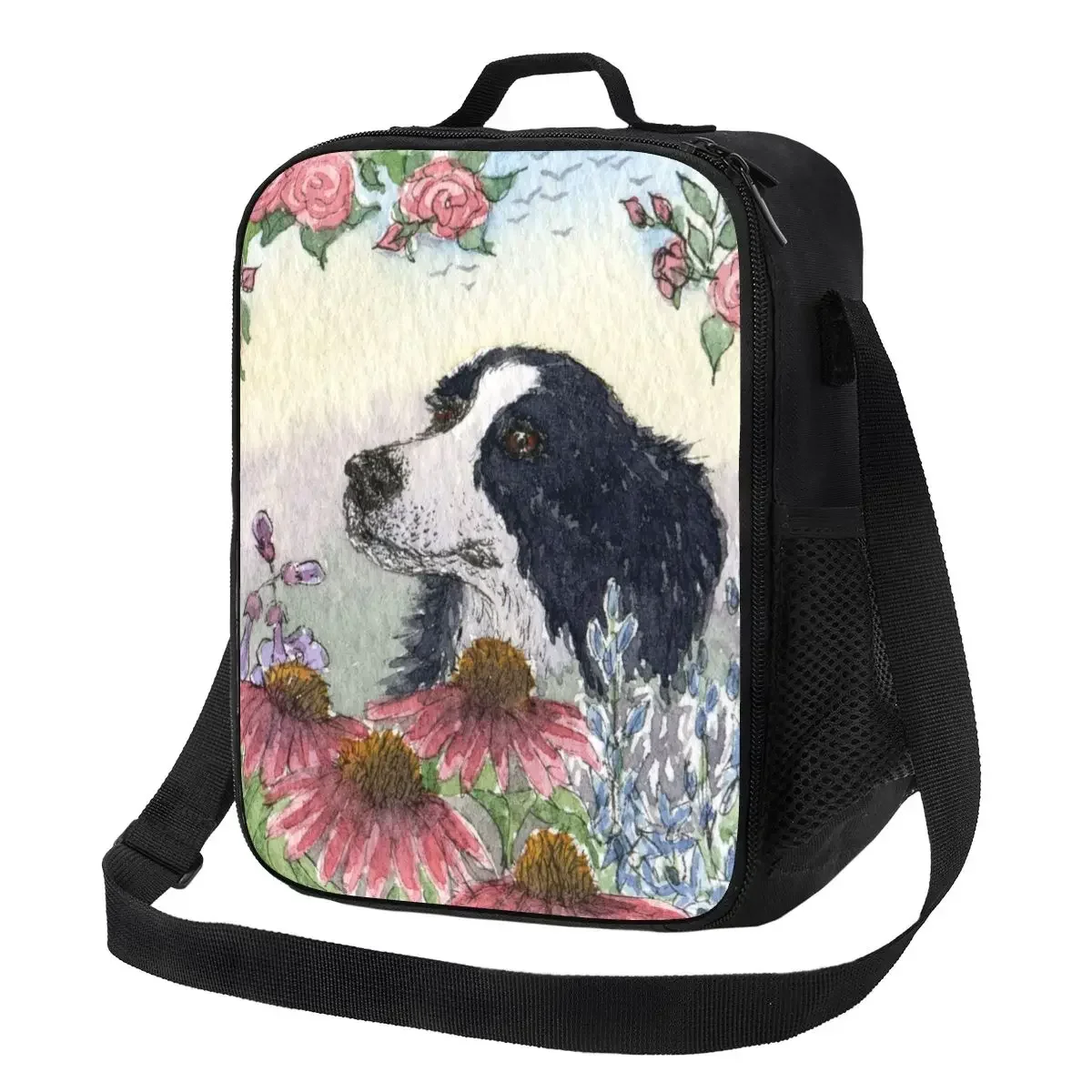 Border Collie-Sac isotherme pour pique-nique en plein air, boîte à lunch isotherme étanche pour animaux de compagnie, glacière thermique pour femme, mignon, chien, fleur