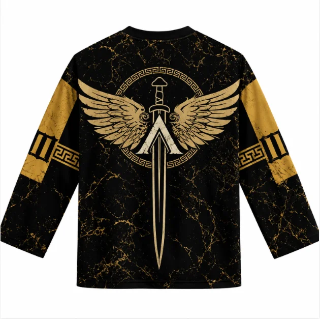 Unisex Ancient Greek Sparta Hockey Jersey, Winged Sword & Lambda Symbol Print Long Sleeve V Neck Shirt  Retro Streetwear