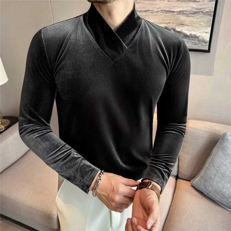 Men V-neck Velvet T-shirt Warm Thickened Autumn Winter Solid Casual Long Sleeve High Elasticity Slim Fit T-shirt Men Clothing