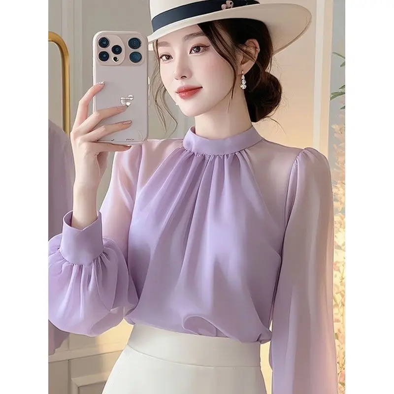 Haut en mousseline de soie pour femmes, nouveau Style de printemps et d'été, avec une sensation haut de gamme, chemise violette à manches longues avec protection solaire
