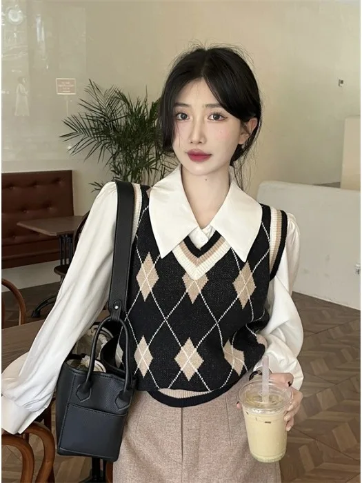

Женский вязаный жилет с V-образным вырезом, осенне-зимняя модная верхняя одежда, трендовый топ с ромбовидным узором для многослойного образа