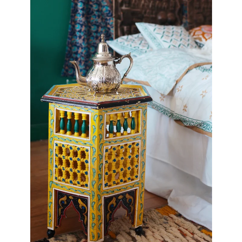 Moroccan hand-painted pattern design coffee table solid wood hexagonal table for living room bedroom decoration coffee table