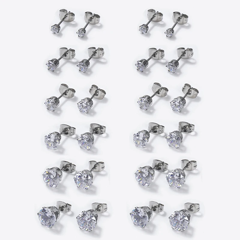 

24pcs/lot Stud Earrings Round Clear Cubic Zirconia Stainless Steel Earrings Men Women Butterfly Plug Back 3/4/5/6/7/8mm