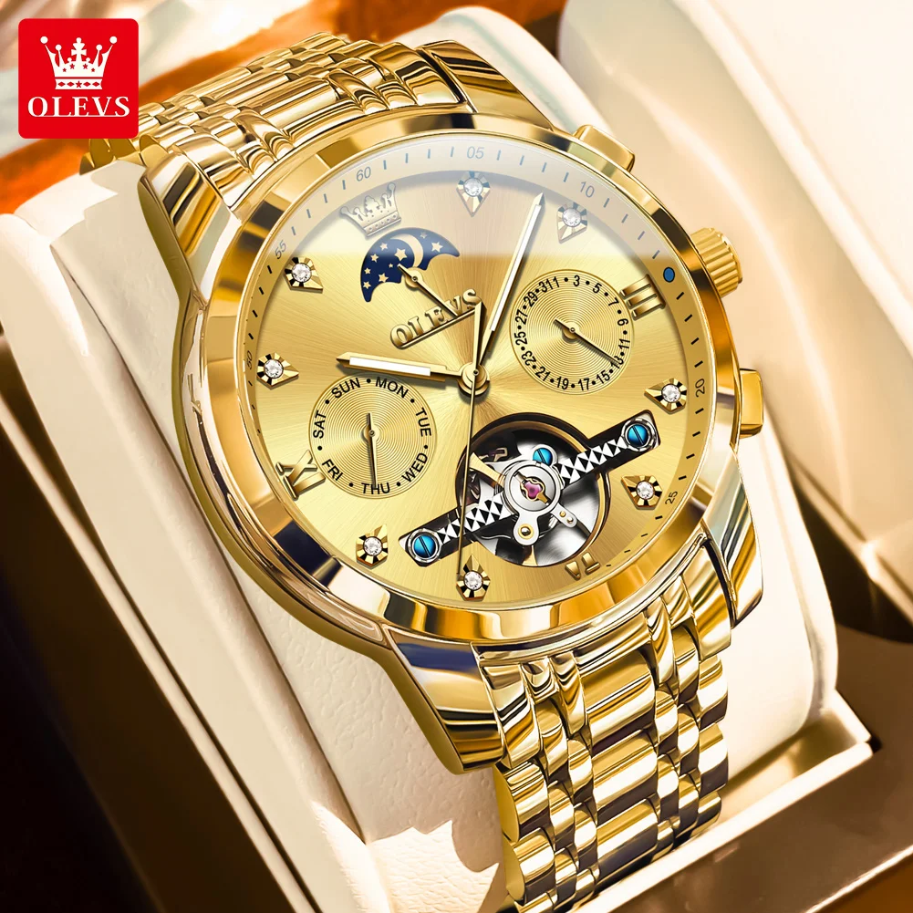 

Мужские часы OLEVS 6678, оригинальные, роскошные, деловые, механические, скелетонизированные, водонепроницаемые, с указанием фаз луны, дня недели и даты, в подарок мужчине.