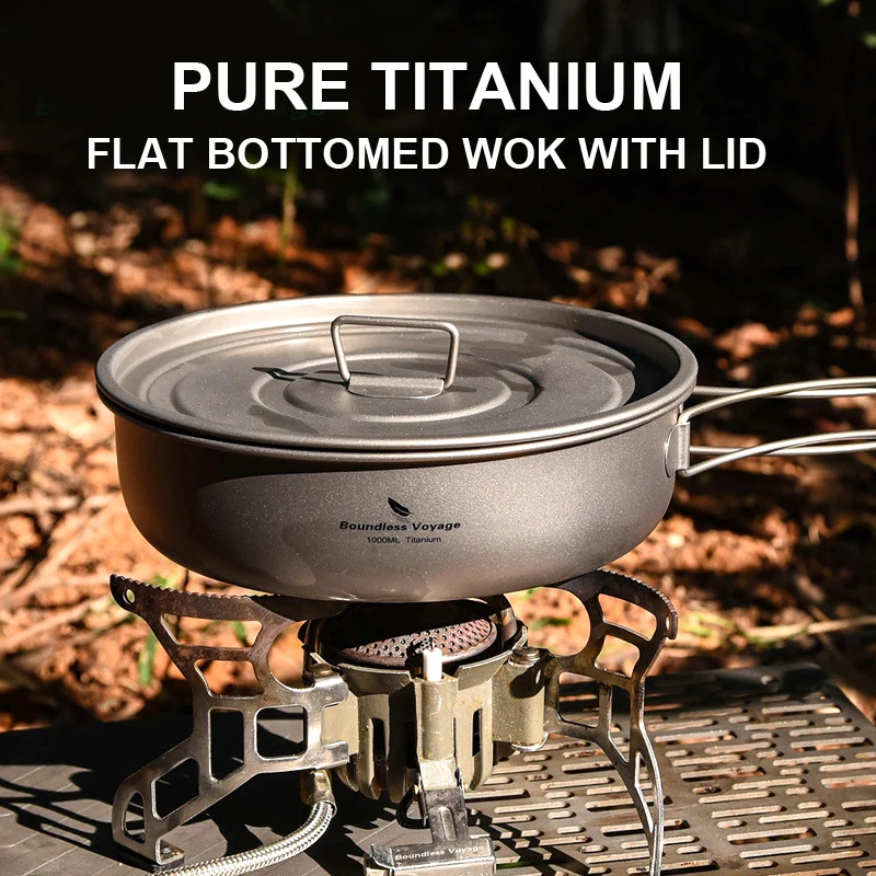 Pure Titanium Flat Bottomed Wok With Lid, Portable Ultra Light Health, Outdoor Camping, Picnicking, Frying Pans,Cooking Utensils