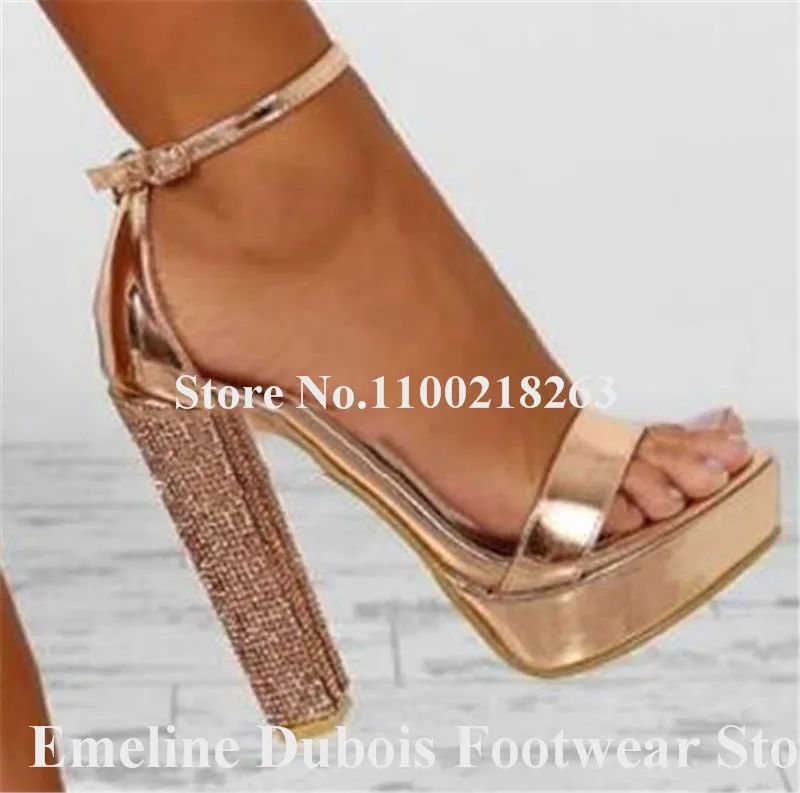 Rhinestones Chunky Heel Sandals Emeline Dubois Bling Bling Pink Satin Thick Crystals Heels Sandals Platform Sandals Big Size