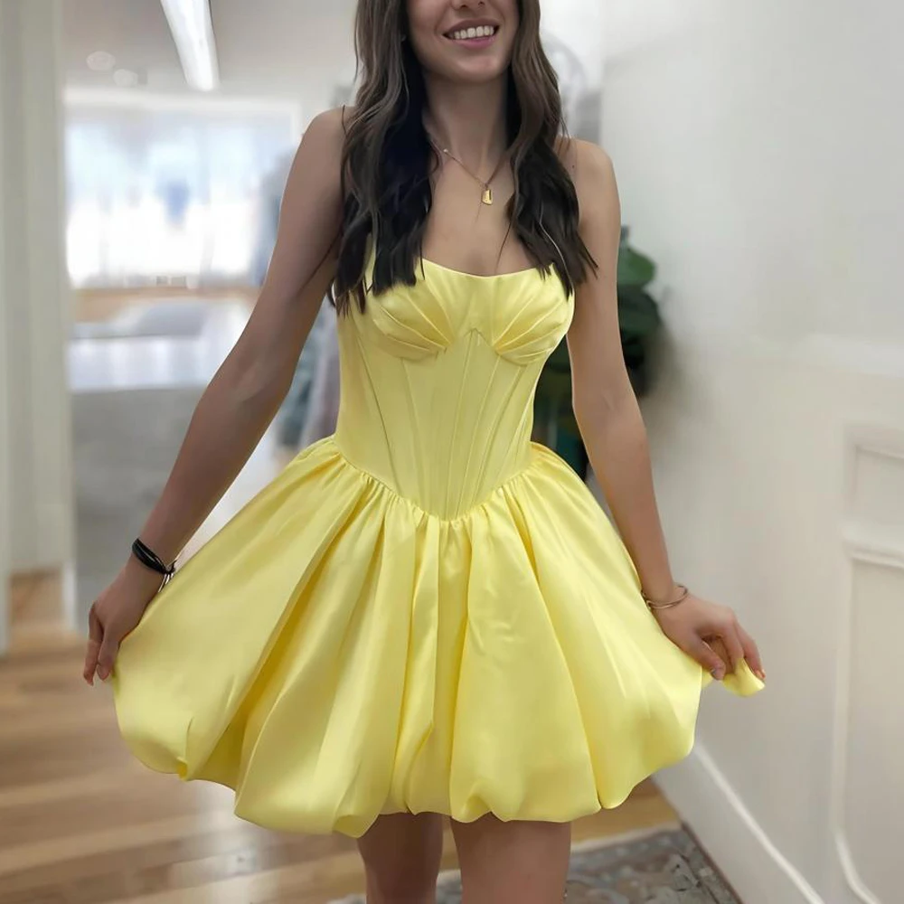 

Strapless Yellow Short Homecoming Dresses Off Shoulder Ruffle Backless Simple Cocktail Party Dress Satin semi formal dress