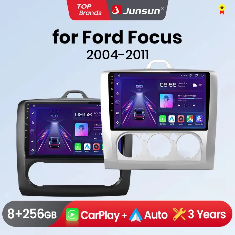 Radio de coche Junsun con CarPlay inalámbrico y Android Auto para Ford Focus 2 3 Mk2 Mk3 2004-2011, estéreo multimedia 2 DIN con ventilador de refrigeración integrado, navegación GPS, SWC, Bluetooth, FM, RDS, DSP, pantalla IPS, sistemas inteligentes para coche, 4G, WiFi 1