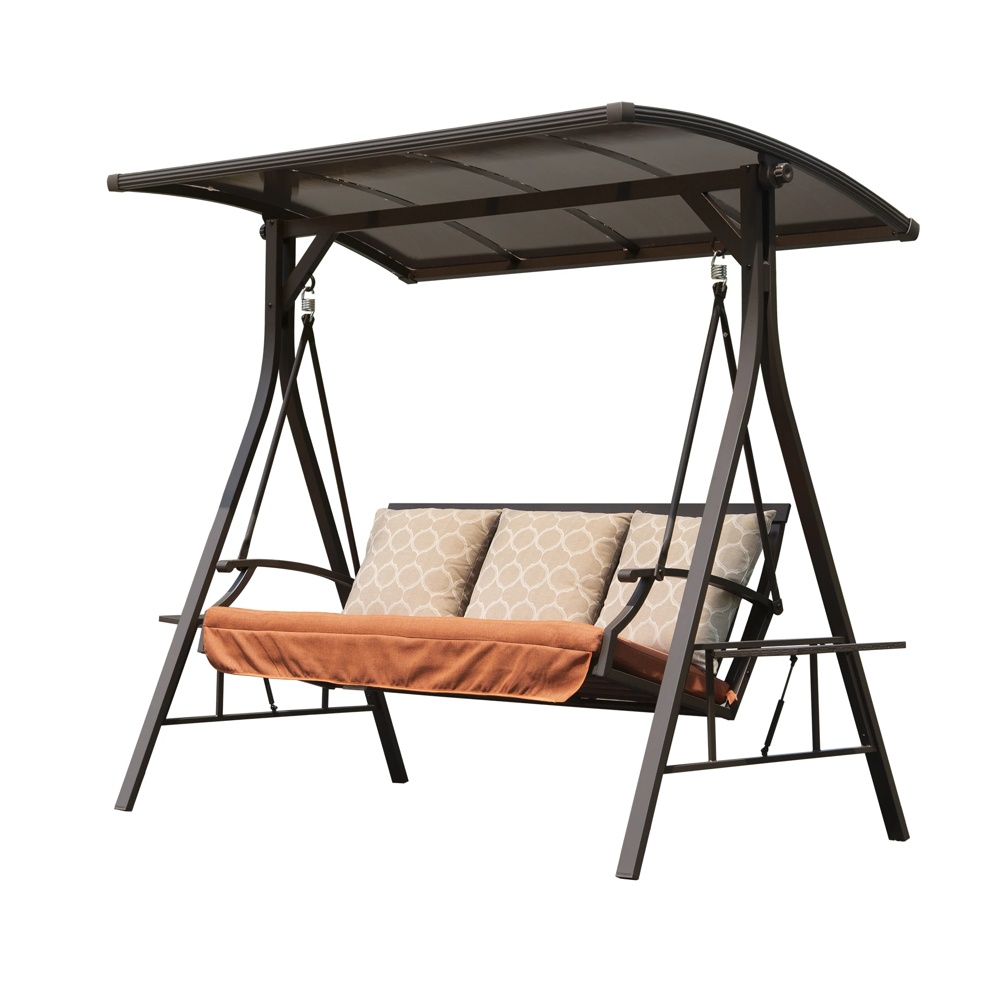 

Customized Deluxe 3 Seater Outdoor Garden Hanging Chair Rattan Seat Poly Hard Top Swing Chair