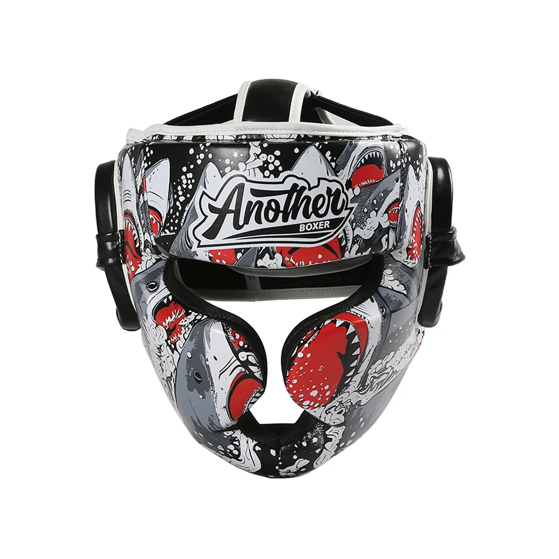 Boxing Helmet Shark Print MMA Muay Thai Sparring Kickboxing Headgear PU Leather Full Face Ear Protection for Men Women Kids