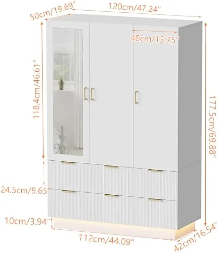 Armoire Wardrobe Closet with 3 Door, Bedroom Armoires with Mirror and LED Lights, Hanging Rod, Drawers, Large Capacity