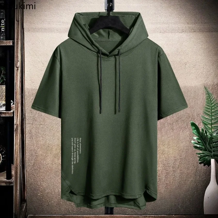 

2025 Fashion Short Sleeve Hooded T-shirt Men's Casual Loose Drawstring Pullover Hoodies Tops Summer Solid Sweatshirt Men Clothes