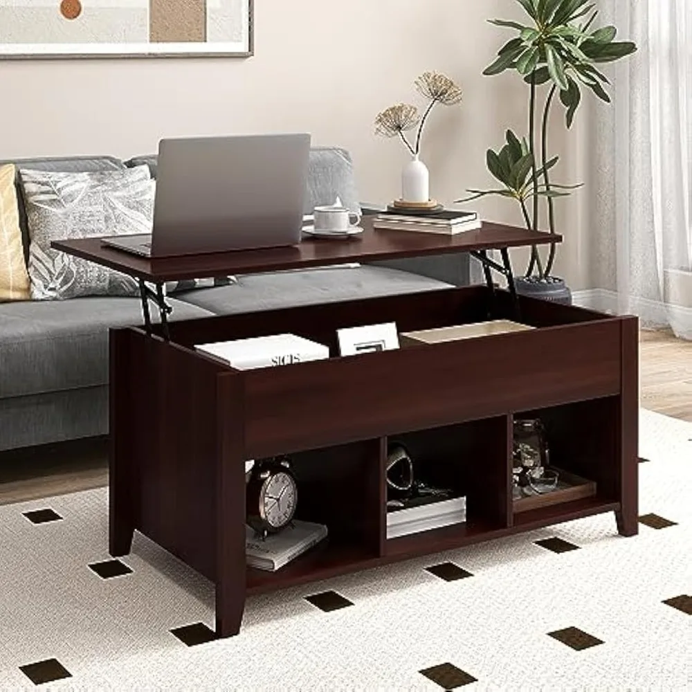 

Lift Top Coffee Table, Modern Wood Table with Hidden Compartment Lower Storage Shelves, Wooden Laptop Table Home Furniture