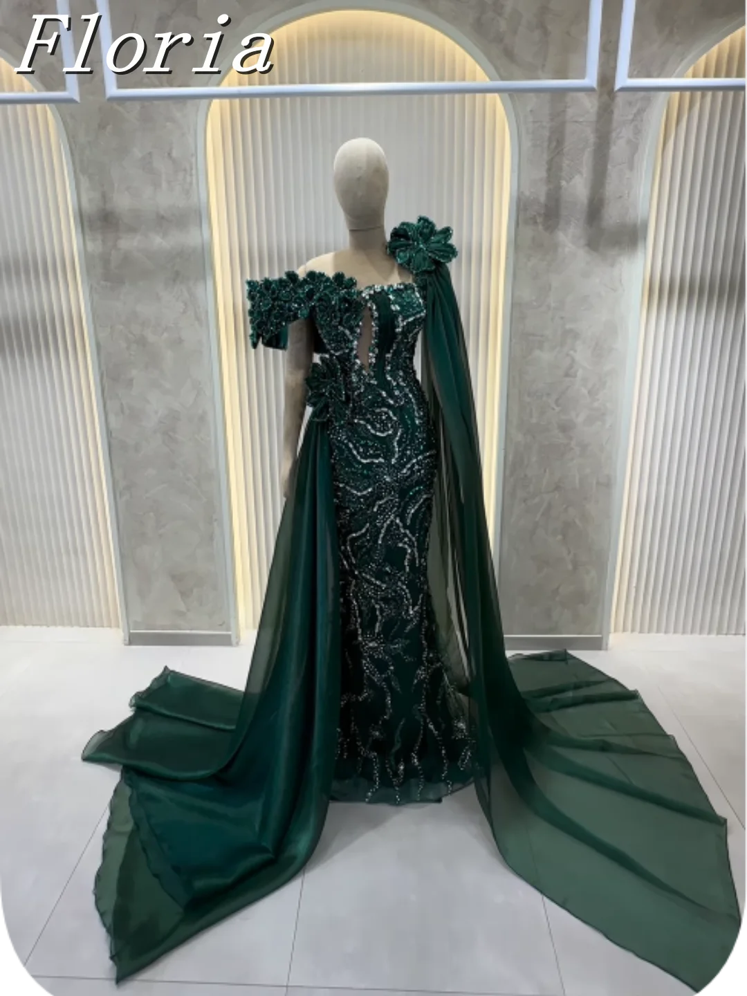 

Роскошное темно-зеленое вечернее платье с бисером и длинным шлейфом-накидкой, расшитое бисером, рюшами и 3D цветами, свадебные обручальные платья, халат на заказ