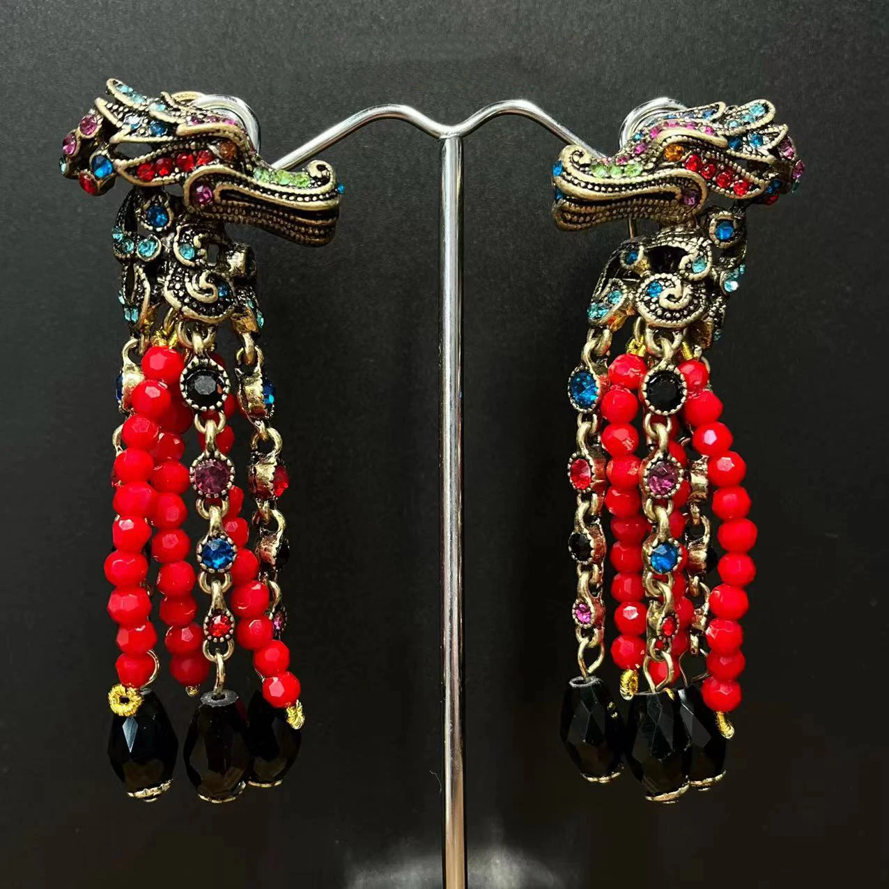 Vintage Dragon Red Tassel Earrings Long Dangle Earring Heavy Industry Exaggerate Personalized For Women Party