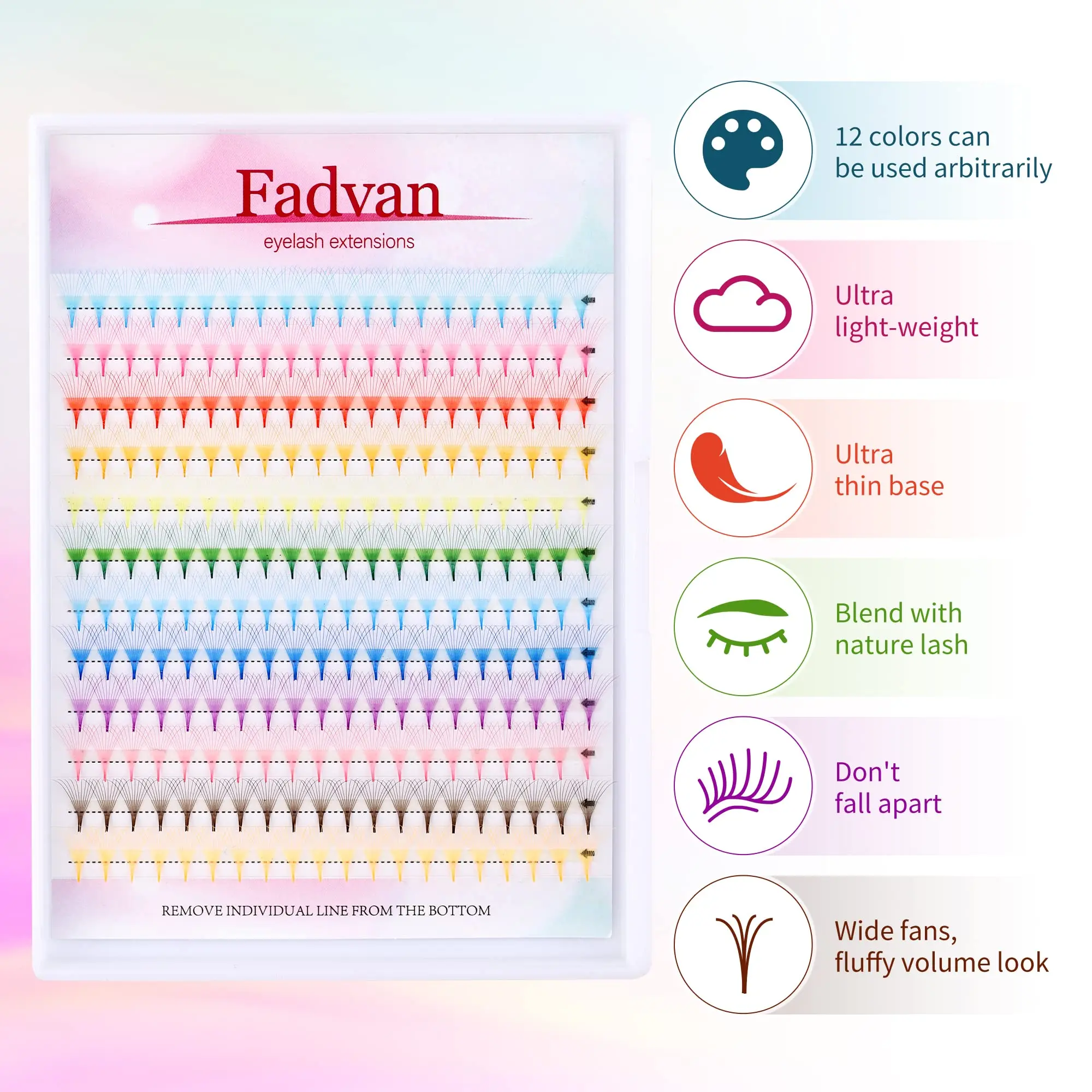 Fadvan 240 Uds 10D extensión de pestañas de colores pestañas de colores ventiladores prefabricados extensión de pestañas D Curl 12 colores 0,07 suave y ligero