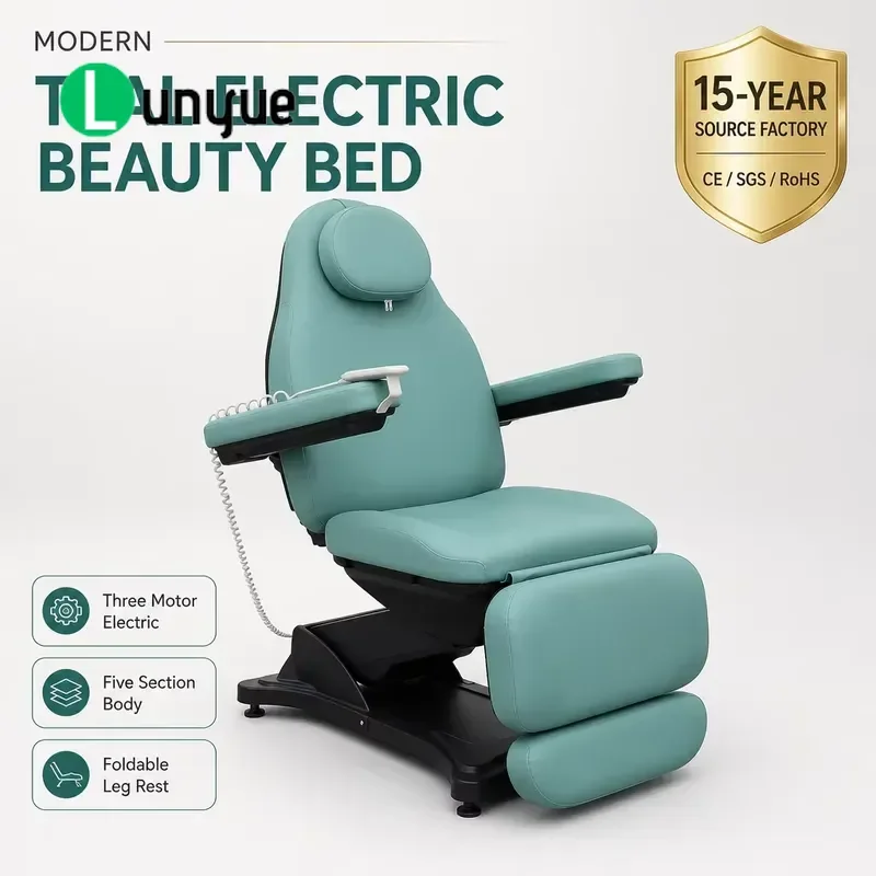 Electric Beauty Bed Emerald Green Matte Black Base Face Hole 3 Motor Adjustable Backrest 5 Foldable Leg Rests Spa