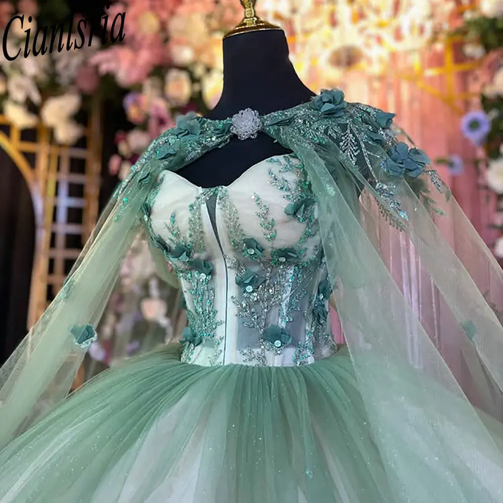 Mint Green 3D Flowers Ball Gown Quinceanera Dresses With Cape Glitter Crystal Sequined Sweet 15 Años Mexican Customized