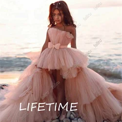 High Low Flower Girl Dresses For Beach Wedding Kids Strapless Party Pageant Dresses Tiered Princess Birthday Photoshoot Dresses