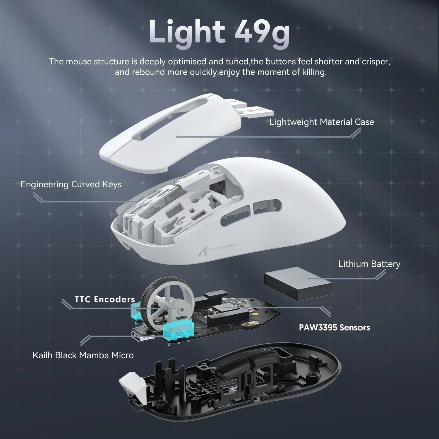 Attack Shark X3 PixArt PAW3395 Bluetooth Mouse 2.4G Tri-Mode Connection, 26000dpi, 650IPS, 49g Lightweight Macro Gaming Mouse