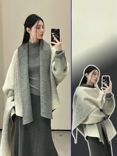 

plus Size Women's adient Woolen Scarf And oulder Wrap Two-Piece Set Winter Faion Casual Ele Sle Long Sve Loose...