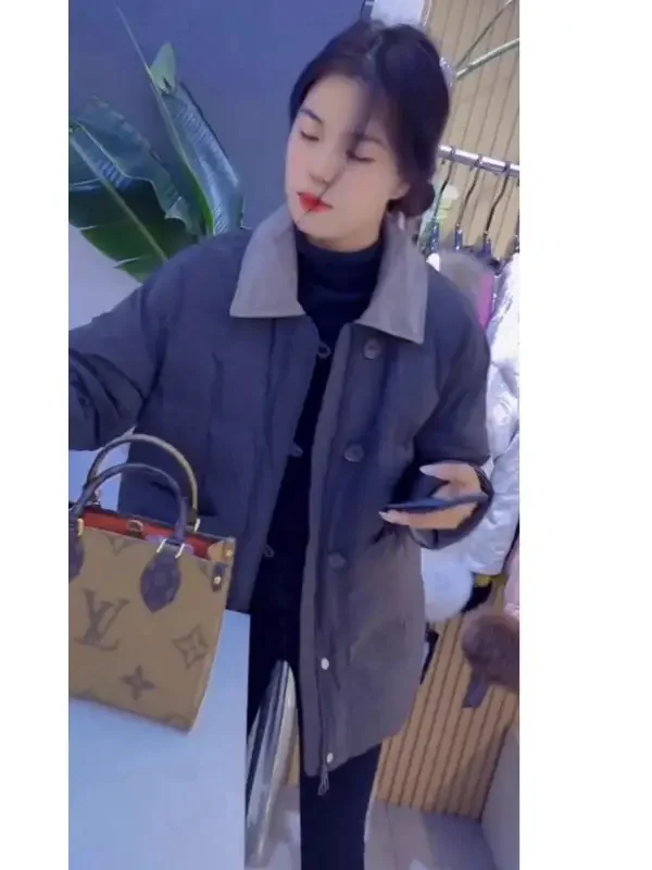 

Trendy Korean Sle Loose Fit Collar Cotton Jaet Patchwork Contrast Color Blo Warm Winter Outerwear for Young Women